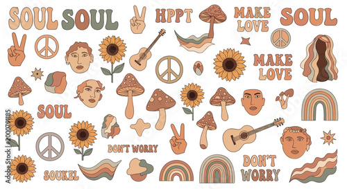 Large set of retro hippie stickers including peace signs, sunflowers, mushrooms, guitars, rainbows, and inspirational text.