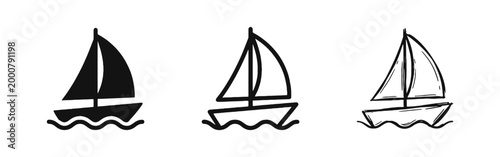 Φωτογραφία Sailboat Icons Set, Sailing Boat on Waves Symbols for Travel, Ocean Transport an