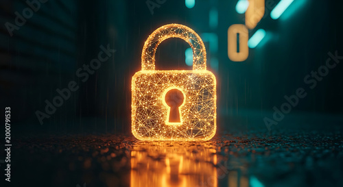 Futuristic glowing golden digital padlock wireframe on a wet surface at night representing cybersecurity data encryption and internet safety in a hightech