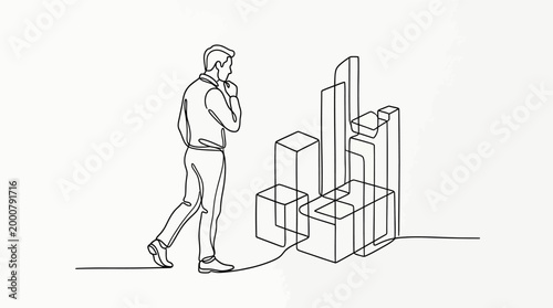 Continuous line drawing of a businessman contemplating financial growth charts.