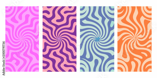 Four vibrant panels showcase swirling psychedelic wave patterns in various hues
