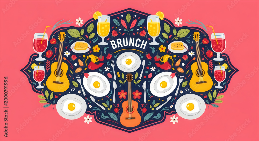 Fototapeta premium Brunch illustration with guitars and breakfast food
