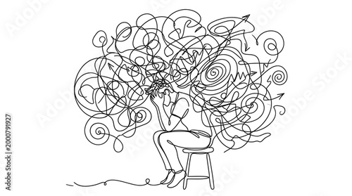 Continuous line art of a stressed person sitting with a cluttered mind.