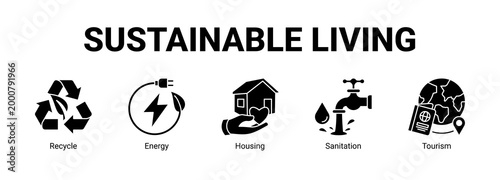 Sustainable Living web banner icon concept, with Recycle, Energy, Housing.