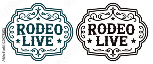Live rodeo label belt buckle old west cowboy style tag cowboy engravings details cowgirl rustic decor style emblem vector metal stylized design, vintage western badge with detailed ornamental carving 