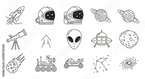 Space exploration and alien life icons set.