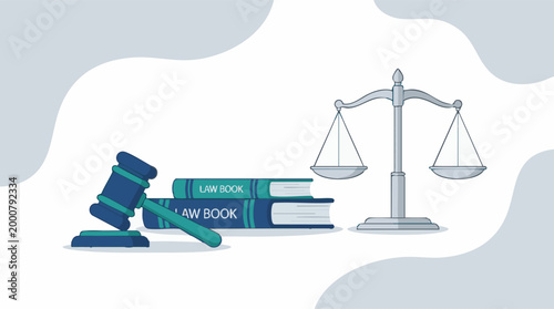Law and justice concept illustration with gavel, books, and scales