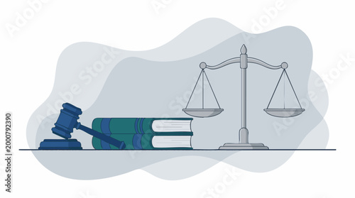 Law and Justice Concept Illustration with Gavel, Books, and Scales