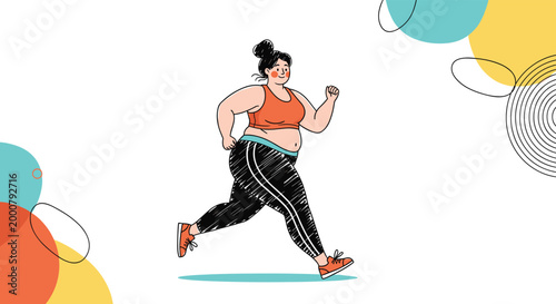 Active plus-size woman in sports bra and leggings running for fitness and weight loss against a decorative background.