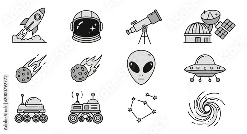 Space exploration and astronomy icons set.