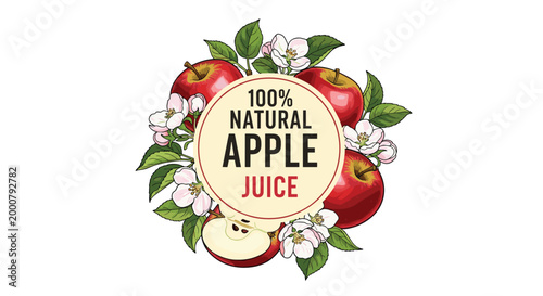 Label for natural apple juice with hand drawn red apples and white blossoms arranged in a circular wreath design.