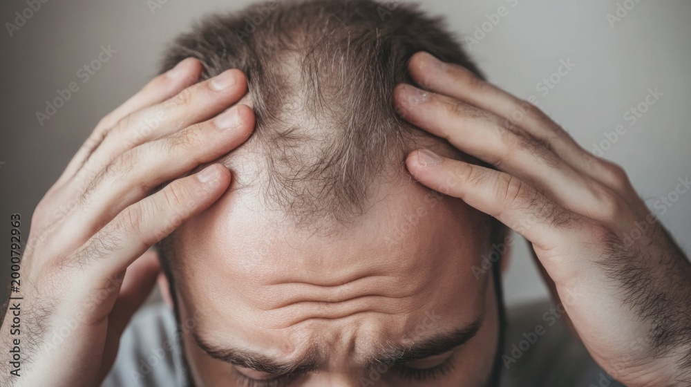 Fototapeta premium Man touching thinning hair and receding hairline, showing male pattern baldness, hair loss problem and stress related alopecia, highlighting healthcare, treatment and confidence issues in aging men.