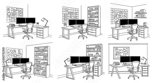Set of six different office workstation setups with various furniture and decor arrangements