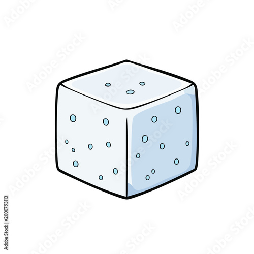 A simplified cartoon illustration of a single white sugar cube with small blue dots representing texture or granules