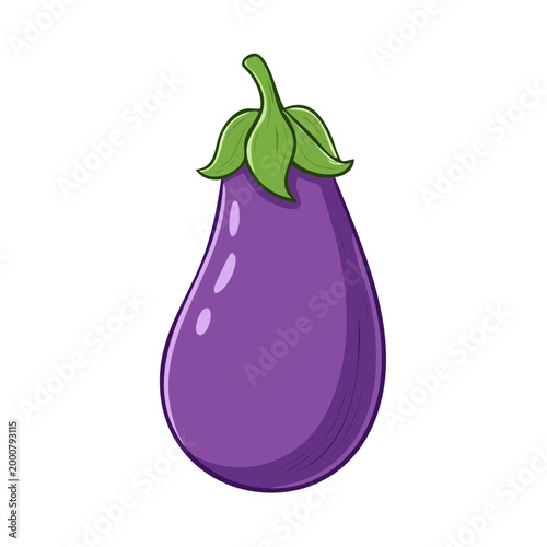 Vibrant cartoon eggplant illustration with a glossy purple skin and green stem