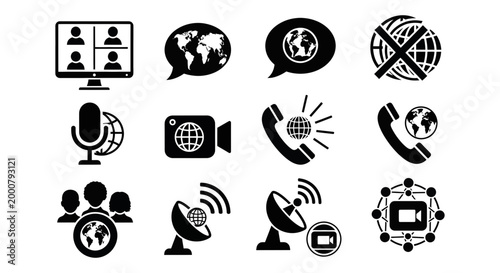 Collection of black and white communication icons for global business and networking