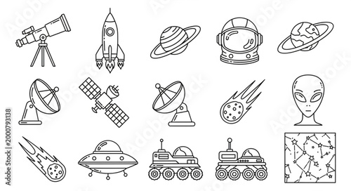 Space exploration and celestial objects doodle icons.