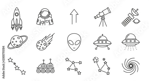Space exploration and cosmic elements hand-drawn illustration collection.