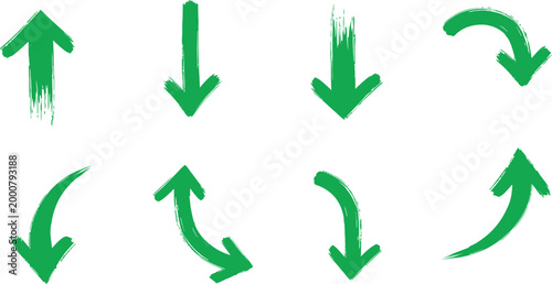 Collection of vibrant green arrows in various directions representing movement and guidance