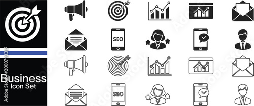 Business icon set targets growth communication and strategy visualized