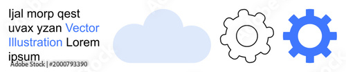 Cloud computing, data management, technology integration, web services, software development, industrial processes. Cloud icon and two gear symbols connection and systems. Cloud computing and data