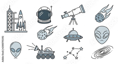 Space Exploration and Extraterrestrial Life Icons Collection.