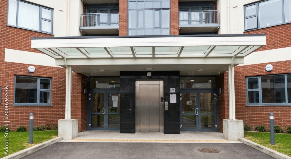 Obraz premium Modern building entrance with glass canopy, elevator, and brick facade