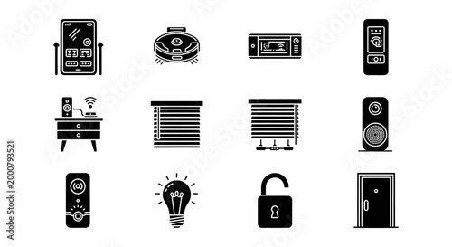Collection of black and white icons for home security and automation systems