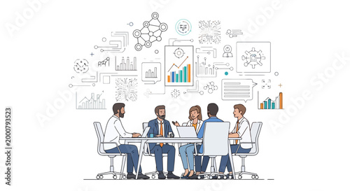 Business meeting in a modern office setting with data analysis and strategy discussions visualized