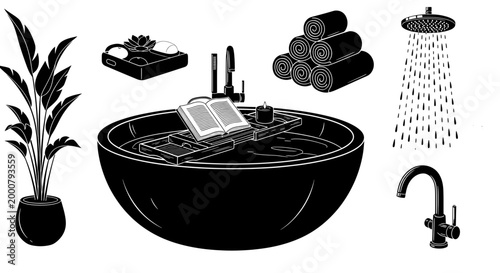 Black and white illustration of outdoor bathtub with shower, towels, plant, and accessories.