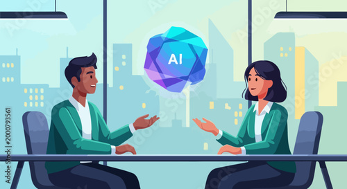 Artificial intelligence meeting with business professionals discussing innovative technology and future trends