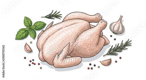 Whole raw chicken prepared for roasting surrounded by fresh basil leaves, rosemary sprigs, garlic cloves, and peppercorns.