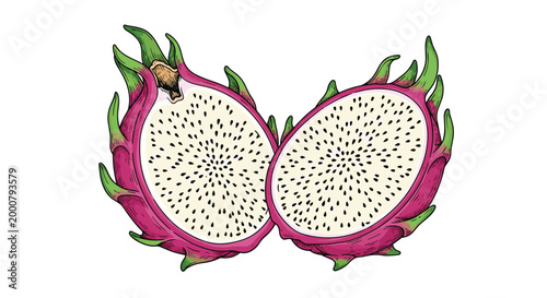 Two halves of a ripe dragon fruit or pitaya showing white flesh with black seeds and pink scaly skin in sketch style.