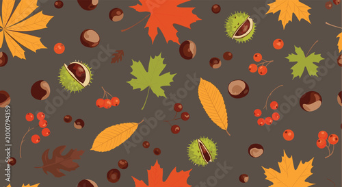 Seamless autumn pattern with colorful maple leaves, chestnuts, and rowan berries on a dark brown background for fall themes.