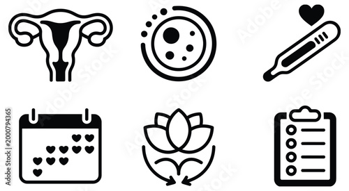 Minimalist black and white vector icons set representing uterus ovum thermometer calendar fertility and checklist in flat design style, simple medical icon set for fertility planning, wellness 
