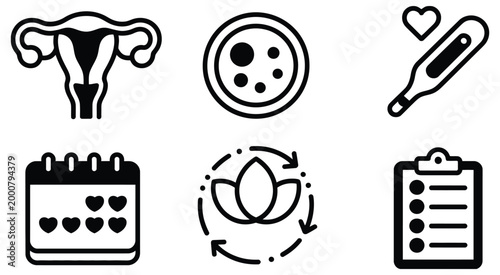 Minimalist black and white vector icons set representing uterus ovum thermometer calendar fertility and checklist in flat design style, clean reproductive health symbols collection for medical apps 