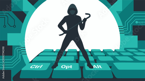 Hacker silhouette with crowbar on computer keyboard, cyber security concept