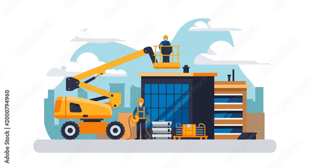 Naklejka premium Man standing on a yellow forklift.