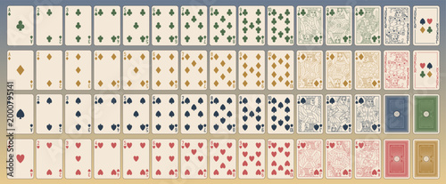 Playing cards for gambling games Blackjack and Poker, full deck. Linear vector editable illustration. Face and back card side set. Modern casino look. Cozy digital-ready design.