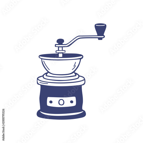 Coffee Grinder Doodle, Hand Drawn Vintage Coffee Mill, Blue Line Art Illustration