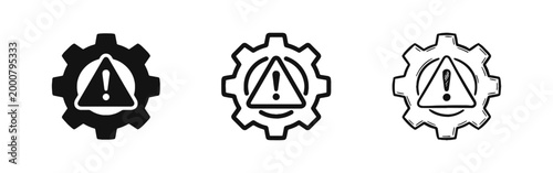 Gear with Warning Sign Icons Set for System Maintenance, Technical Errors and Caution Alerts