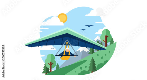 Person hang gliding in a blue and green glider.
