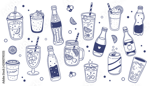 Drinks Doodle Set, Soft Drinks and Lemonade Collection, Hand Drawn Blue Line Art Beverages Illustration