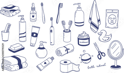 Self Care and Bathroom Doodle Set, Skincare and Hygiene Line Art Illustration