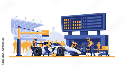 Pit stop crew changing tires on a race car during a competition.