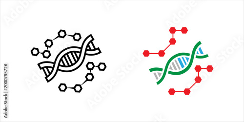 Minimal line icon set. showing DNA helix surrounded by molecular shapes representing chemical structures, biotechnology, and scientific analysis concepts.
