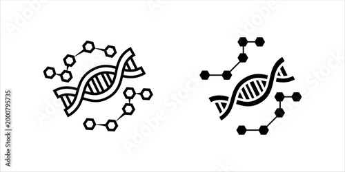 Minimal line icon set. showing DNA helix surrounded by molecular shapes representing chemical structures, biotechnology, and scientific analysis concepts.