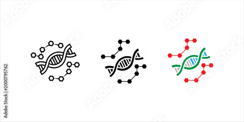 Minimal line icon set. showing DNA helix surrounded by molecular shapes representing chemical structures, biotechnology, and scientific analysis concepts.
