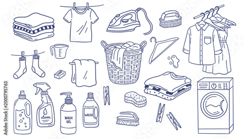 Laundry and Cleaning Doodle Set, Household Washing and Housekeeping Line Art Illustration