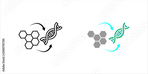 Minimal outline icon set. illustrating DNA strands connected with molecular structures representing biotechnology, genetic engineering, and scientific research processes.